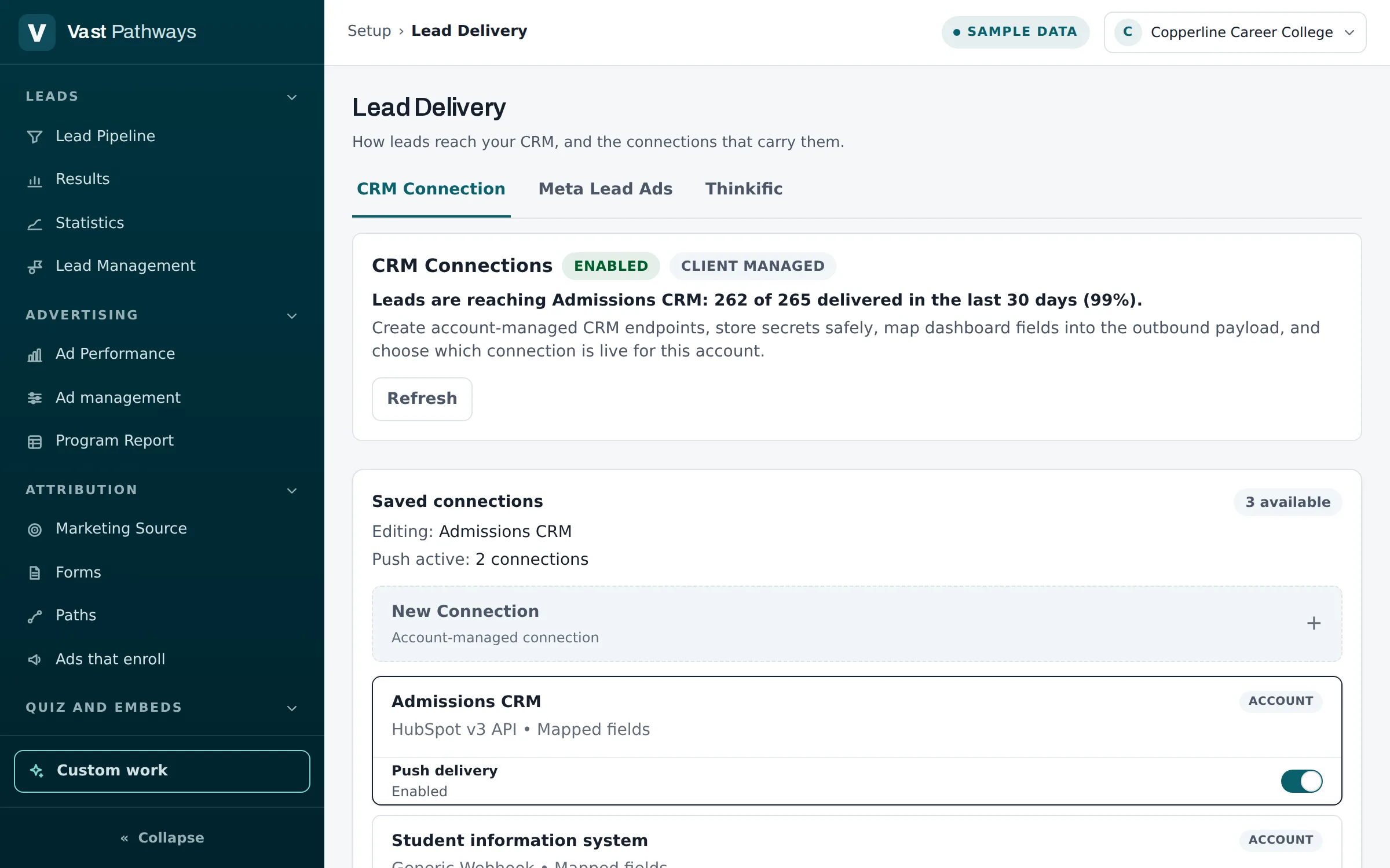 The Lead Delivery page in the dashboard: how leads reach a school's CRM, the share of recent deliveries that worked, and the saved connections.