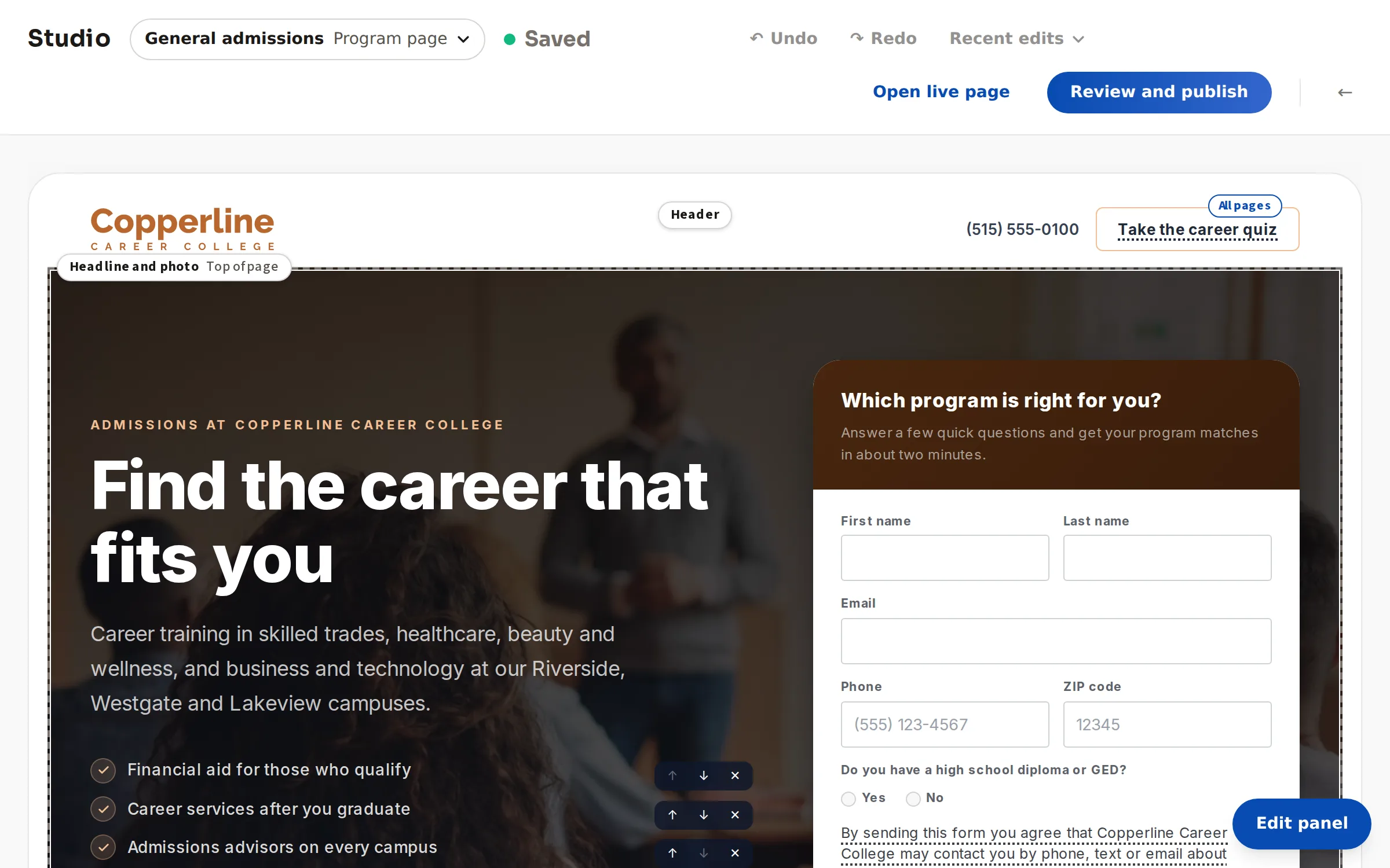 The Studio editor: a landing page with its sections and the fields a school's team can edit.